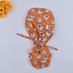 Halloween scrub cap, ponytail scrub cap with satin lining, fall scrub cap, SPOOKY GHOST scrub cap, autumn scrub cap, Satin lined Cap.