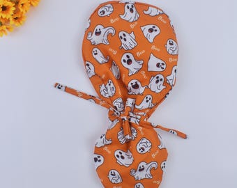 Halloween scrub cap, ponytail scrub cap with satin lining, fall scrub cap, SPOOKY GHOST scrub cap, autumn scrub cap, Satin lined Cap.
