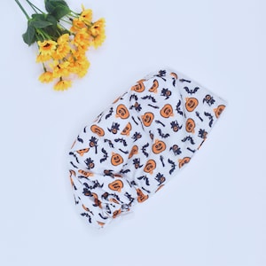 Halloween Boo Ghosts on White Ponytail Scrub Cap for Women with Ties Elastic Pouch Spooky Fall Horror Surgical Hat, Satin lined Scrub Cap