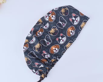 Dog Print Euro Scrub Cap: Satin Lined Ponytail Surgical Hat