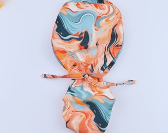 Tie Dye Pastel Ponytail Scrub Caps for women, marble fluid art euro scrub cap women, surgical cap, scrub cap men, satin lined scrub cap.