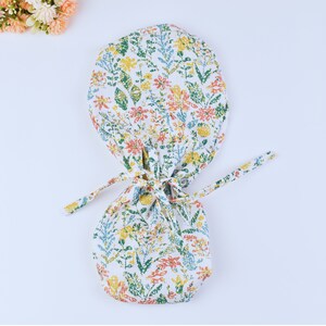 Floral ponytail scrub cap, Summer scrub cap with ponytail holder, Satin Lined Option Surgical cap with ponytail. Satin Lined scrub cap.