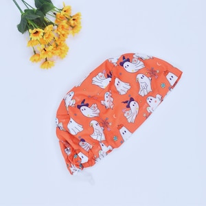 Halloween Ponytail scrub cap for women, Spooky Ghost Euro Scrub cap, surgeon Surgical cap, Floral scrub cap for Women, Satin lined Scrub Cap