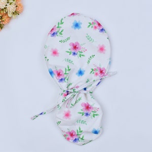 Floral Ponytail scrub cap, Surgical cap women. Satin Lined Option Surgical cap with ponytail, Satin Lined scrub cap.