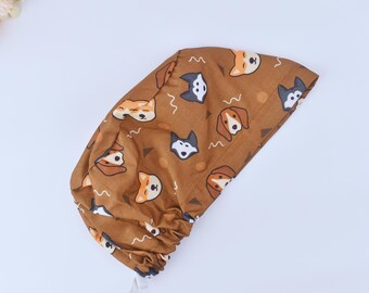 Dog Face Euro Scrub Cap: Brown Cotton Ponytail Surgical Hat