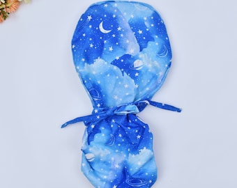 Celestial Ponytail Scrub Cap for women, Sky Galaxy space euro scrub cap women, Star surgical cap, scrub cap men, satin lined scrub cap.