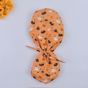 Halloween Ponytail scrub cap, Spooky Ghost Scrub caps, surgeon Surgical cap, Cat scrub caps for Women, Satin lined Scrub Cap,
