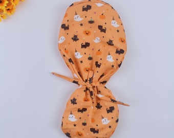 Halloween Ponytail Scrub Cap: Spooky Ghost, Cat Print, Satin Lined
