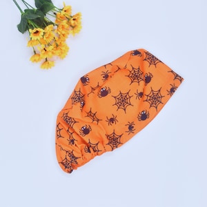 Halloween Ponytail scrub cap for women, Spooky Ghost Euro Scrub cap, surgeon Surgical cap, Spider web scrub cap, Satin lined Scrub Caps