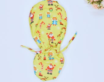 Christmas Ponytail scrub cap, surgical hat, green red Christmas Santa reindeer elves snowman trees Euro scrub cap, satin lined scrub caps.