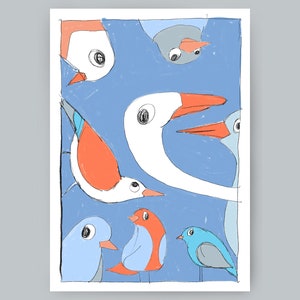 May include: A colorful illustration of various birds with different beak shapes and colors. The birds are on a blue background.