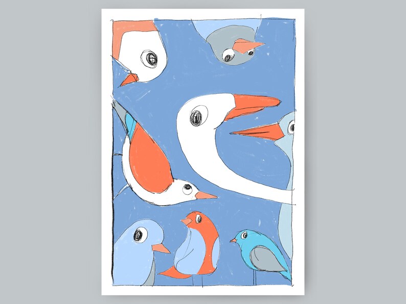 May include: A colorful illustration of various birds with different beak shapes and colors. The birds are on a blue background.