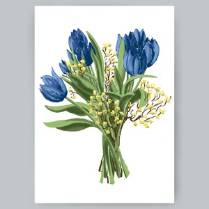 Tulpen Blumenstrauß Fineart Giclee Print A4, Violett Grün Lila Blau,  Zeichnung 200g Hahnemühle Papier