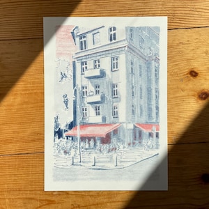 Risoprint A5 Berlin City Neukölln Artprint Blau Rot Häuser Ansicht