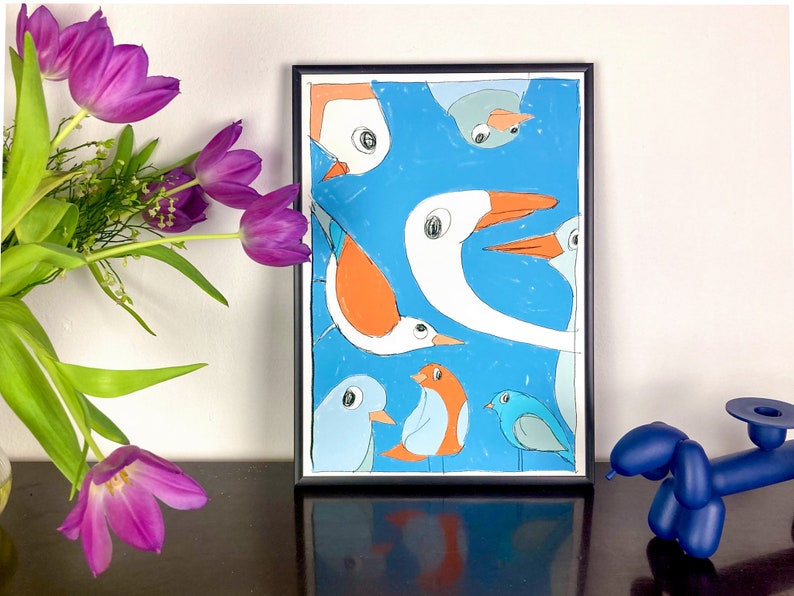 May include: A framed illustration of colorful birds with white and orange beaks on a blue background.