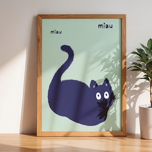 Miau - Verspielte Katzenkunst im minimalistischen Stil A3 Kunstdruck Blau Mint