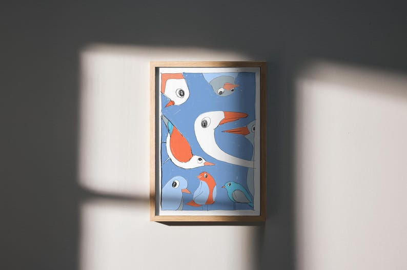 May include: A framed illustration of a group of birds with blue, white, and orange colors on a blue background.