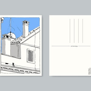 Postkarte Venedig Mediterran Stadt Haus Blau Schwarz Zeichnung - A6