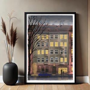 Evening in the City - Illuminated Townhouse at Dusk - Art Print A3