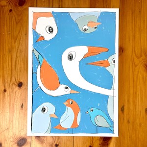 May include: A colorful abstract painting featuring a blue background with seven birds in various colors and shapes. The birds are drawn in a simple, childlike style.