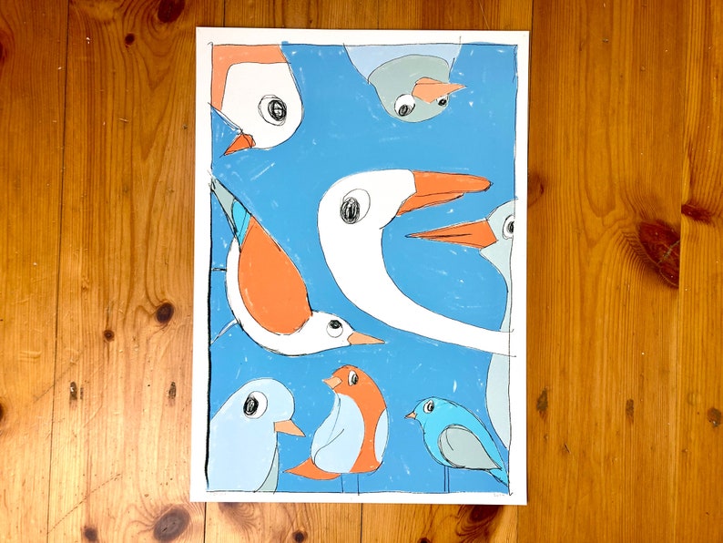 May include: A colorful abstract painting featuring a blue background with seven birds in various colors and shapes. The birds are drawn in a simple, childlike style.