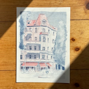 Risoprint A5 Berlin City Neukölln Artprint Blau Rot Häuser Ansicht