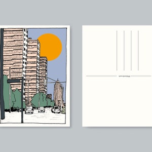 Postkarte Stadt Architektur Häuser Berlin London New York München Zeichnung Blau Gelb Schwarz A6