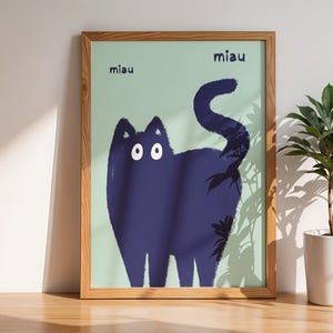 Miau - Playful cat art in minimalist style - Blue Mint A3 200g Hahnemühle paper