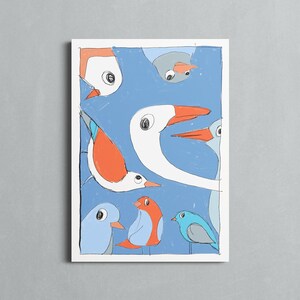 May include: A colorful illustration of seven birds with different colored beaks and bodies. The birds are on a blue background with white outlines.