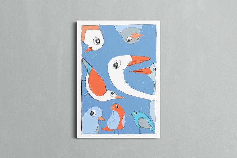May include: A colorful illustration of seven birds with different colored beaks and bodies. The birds are on a blue background with white outlines.