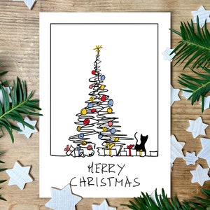 Carte de Noël A6 Arbre de Noël Chat Présente Croquis Fait Main