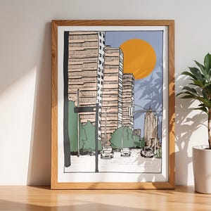 Fineart Giclee Print A3 200g Hahnemühle Paper - City Houses Street Pink Blue Yellow