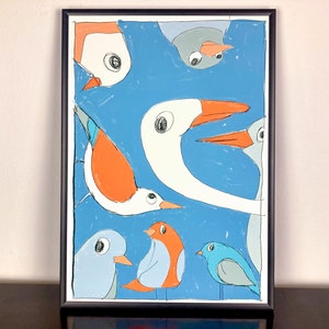 May include: A framed illustration of a group of birds with orange, blue, and white colors on a blue background.