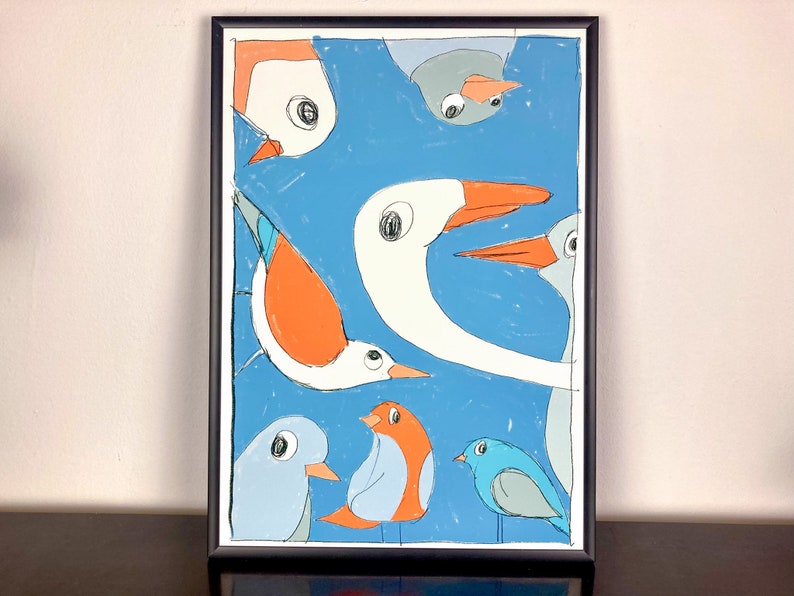May include: A framed illustration of a group of birds with orange, blue, and white colors on a blue background.