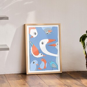 May include: A framed print of a colorful abstract illustration featuring various birds with blue, orange, and white colors on a blue background.