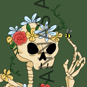 May include: A cartoon skeleton with a floral crown and a bee on its finger. The skeleton is wearing a floral crown with red, yellow, and blue flowers. The bee is yellow and black with brown wings. The background is a dark green.