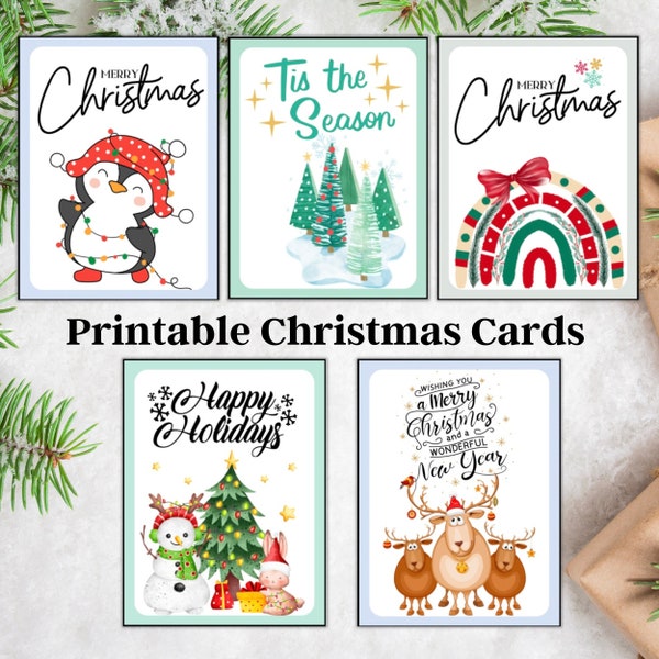 Christmas Card bundle, Printable Merry Christmas Cards, Greeting Cards Set of 16, Holiday Cards, Cards for Kids, Instant Download, PDF File