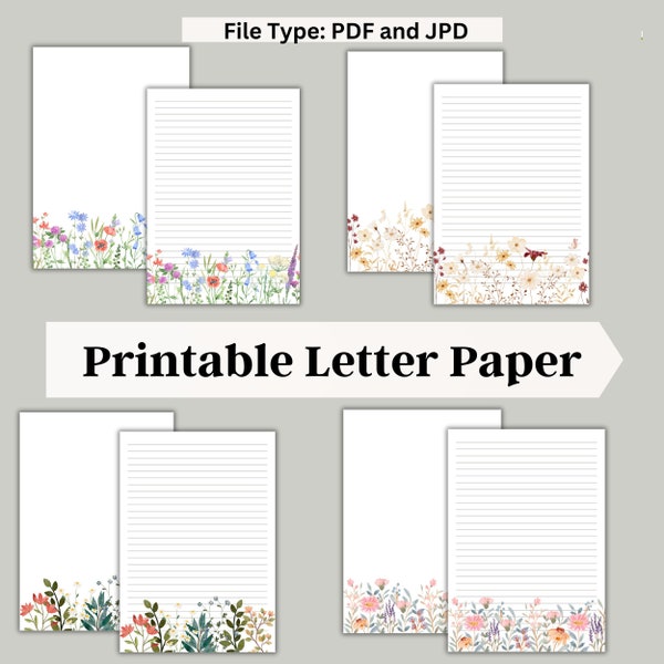 JW Letter Writing Stationery, Floral Letter Paper, Digital Paper, Letter Writing Bundle, Lined/ Unlined Sheets Set of 16, Digital Download