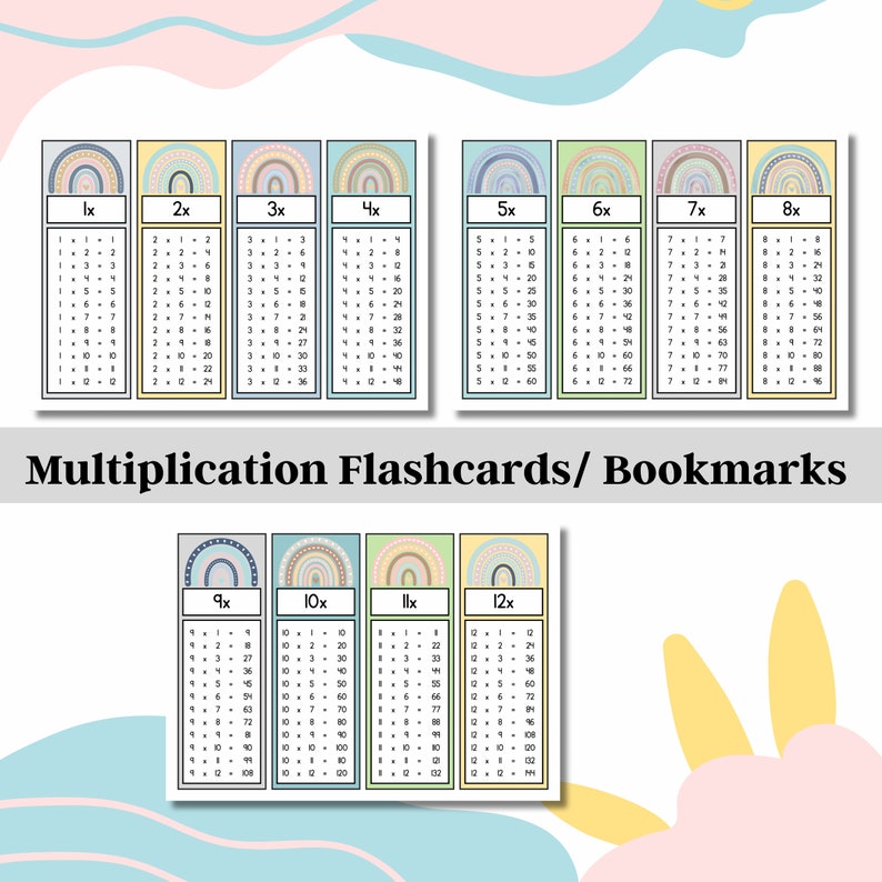 Times Table Flashcard Set, Multiplication Bookmarks, Learn