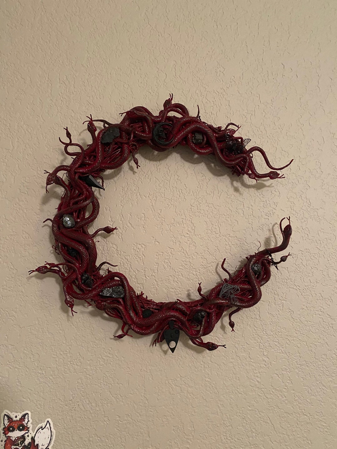 Charmed Ebony & Cranberry Snake Crescent Moon Wreath With Writing Serpents, Goth Style Wall