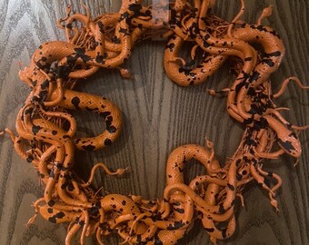 Orange & Black Handmade Artisan “Writhing Snake Wreath” Splatter Medusa Halloween Creepy Spooky Horror Gothic Punk Rock Holiday Home Decor