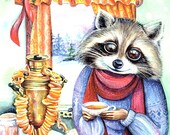 Merry CHRISTMAS Happy NEW YEAR Greeting Postcard Cute Racoon Drinking Tea from a Samovar