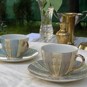 Vintage Blue & Gold Teacup and Saucer Set of 2 – Hand Painted Porcelain Tea Set with Neoclassical Design, Import Mark, 1940s-50s