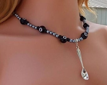 Mini Silver Love Spoon Necklace With Jumbo 8 Ball Beads, Love Spoon Jewelry Gift for Him, Birthday, Christmas