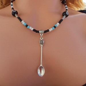 Silver Tiny Rave Spoon Necklace with Jumbo 8 Ball Bead Rave Jewelry Get Well Gift for men, Birthday, Christmas