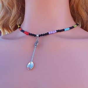 Silver Tiny Rave Spoon Charm Choker Necklace for Stash Costume Jewelry Gift for Him or Her
