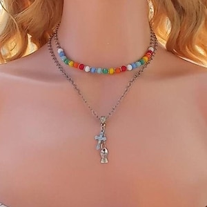 Mehrschichtige christliche Halskette mit Kreuz Anhänger und mit Fisch Anhänger Halskette Regenbogen Bead Choker religiöse Halskette für Taufe Geschenk Set