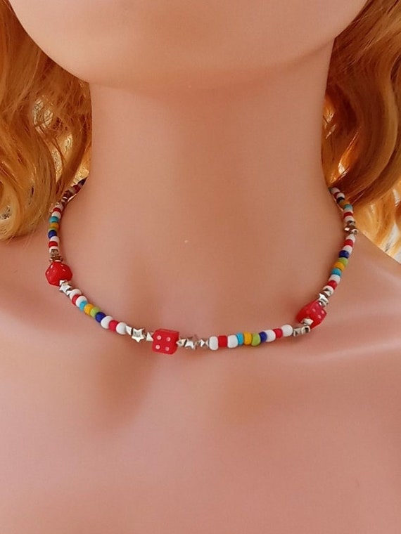 Y2k Necklace 90s Bead Necklace Red Dice Necklace Colorful Bead Choker Dice Bead Necklace Dice Choker Necklace Boho Bead Jewelry Gift for Her Etsy Australia