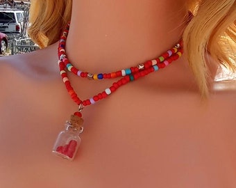 Y2k Necklace Wish Bottle Necklace Set Red Seed Bead Choker Necklace Red Bead Layer Necklace Silver Star Necklace 90s Bead Necklace