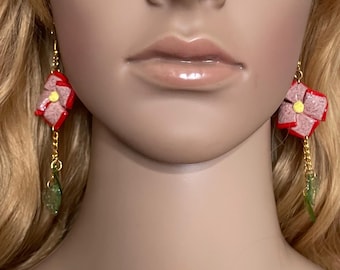 Handmade Polymer Clay Flower Dangle Earrings, Blush Pink, Red Bloom Statement Earrings, Gold Plated Jewelry, Unique Artisan Gift for Her